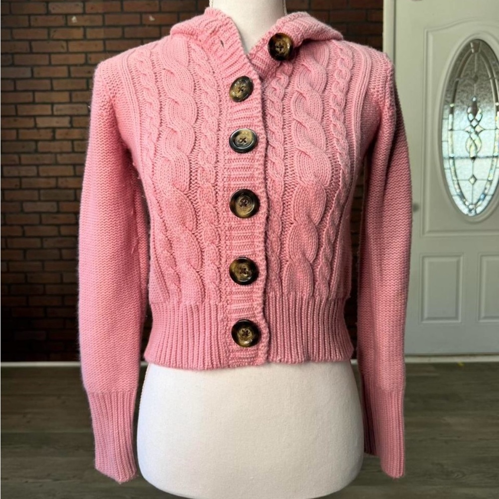 Gap Pink Cable Knit Hoodie Cardigan Sweater XXL Girls Angora Blend (women xs-s)
